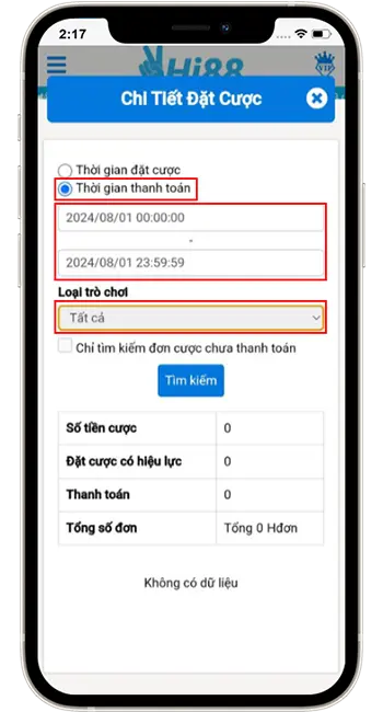 Bước 2: Chọn THỜI GIAN THANH TOÁN → Nhập thời gian muốn kiểm tra → Chọn loại sản phẩm muốn kiểm tra.